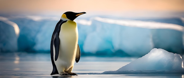 El pingüino emperador de pie en el hielo