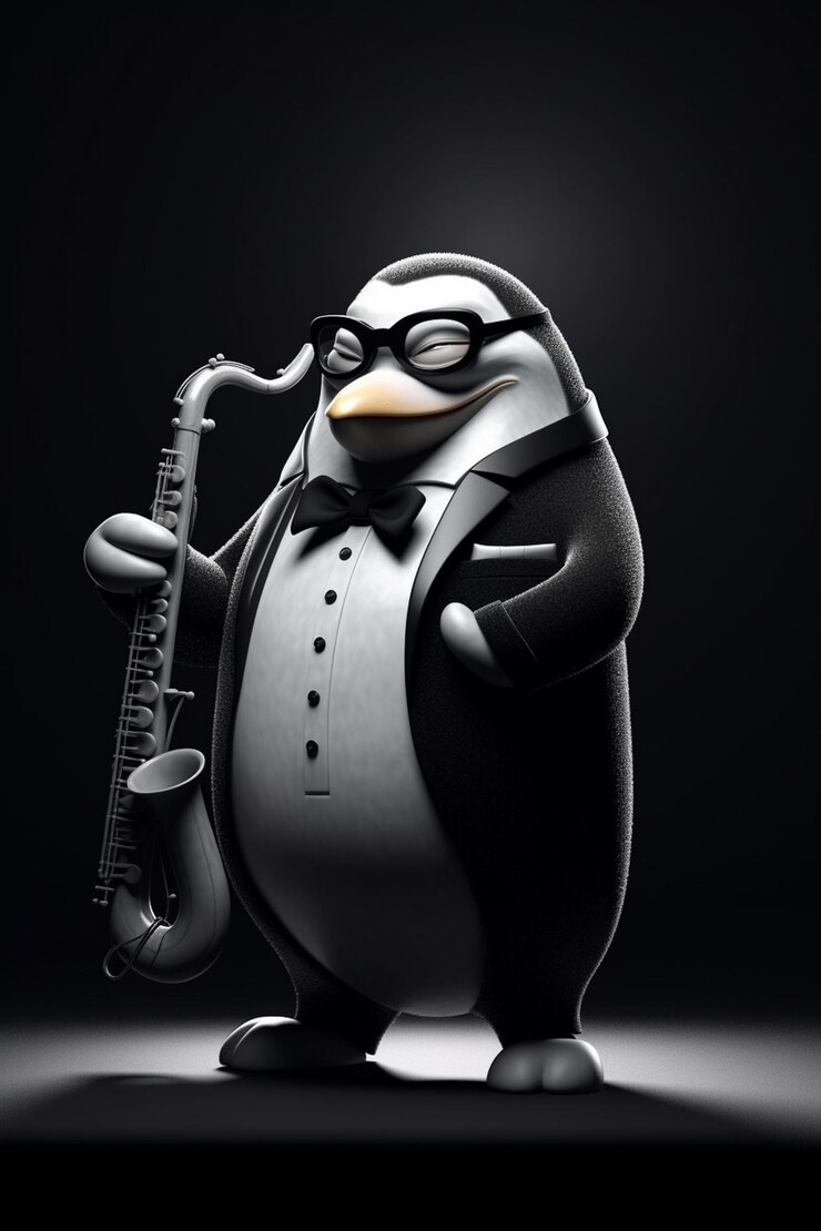 Foto pingüino en esmoquin con saxofón y sombrero ai generativo