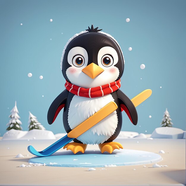 El pingüino esquiando, divertido, bonito, de dibujos animados, deporte en el hielo.