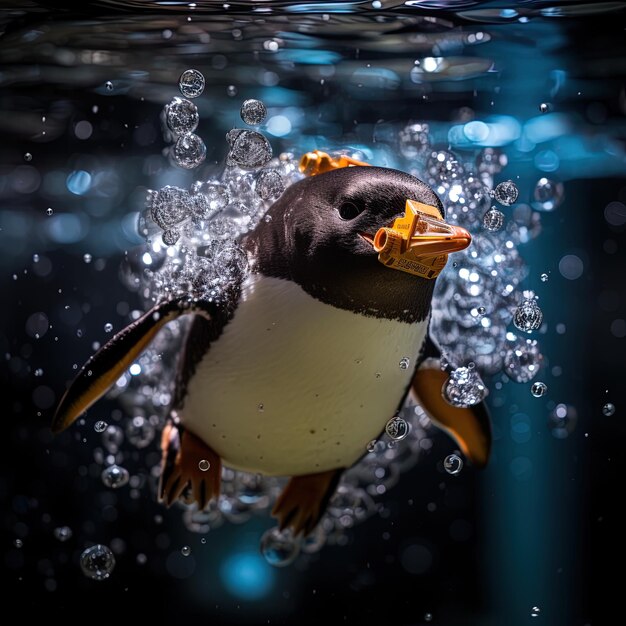un pingüino está nadando en el agua con burbujas en el fondo