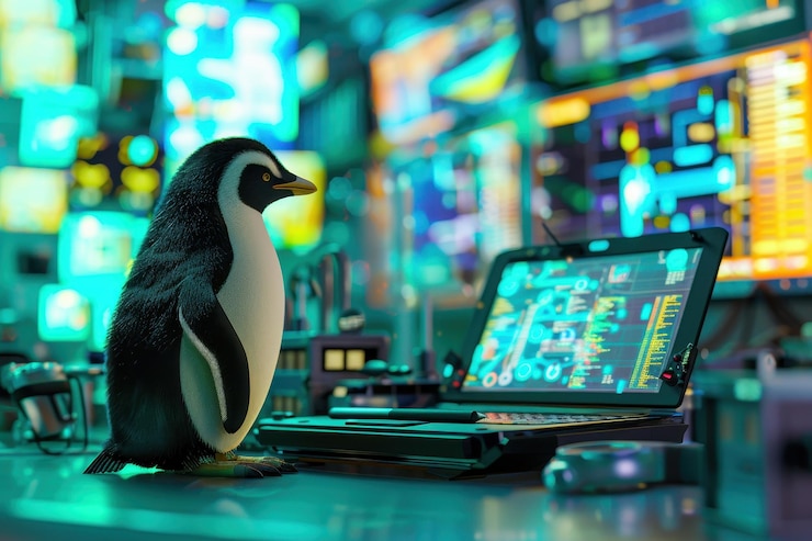 Foto un pingüino está sentado en un escritorio de computadora con una computadora portátil y un teclado