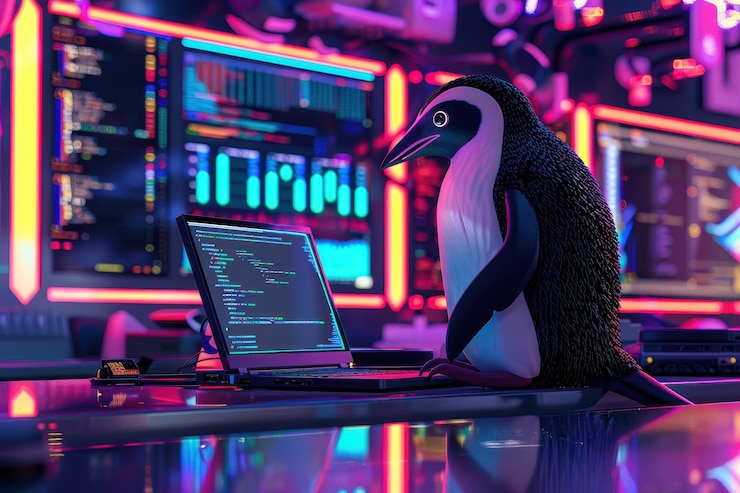 Foto un pingüino está sentado en un escritorio de computadora con una computadora portátil y un teclado