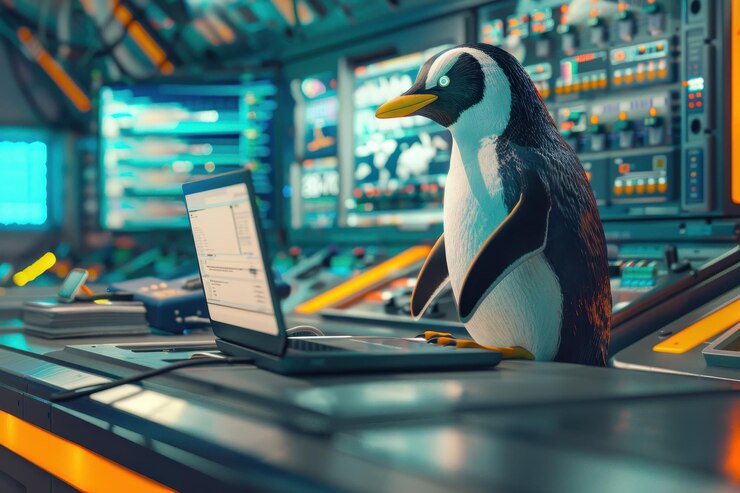 Foto un pingüino está sentado en un escritorio de computadora con una computadora portátil y un teclado