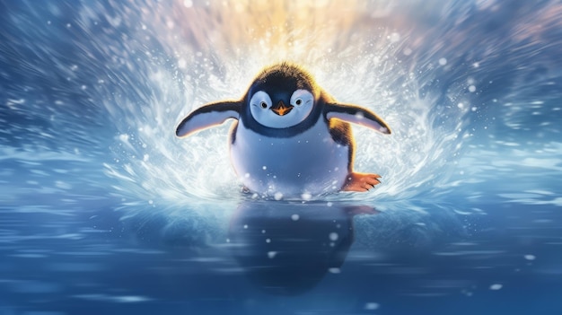 Un pingüino feliz deslizándose sobre hielo generado por IA