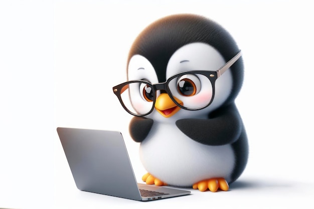 El pingüino con gafas y una mirada sorprendida en su cara está mirando una computadora portátil sobre un fondo blanco