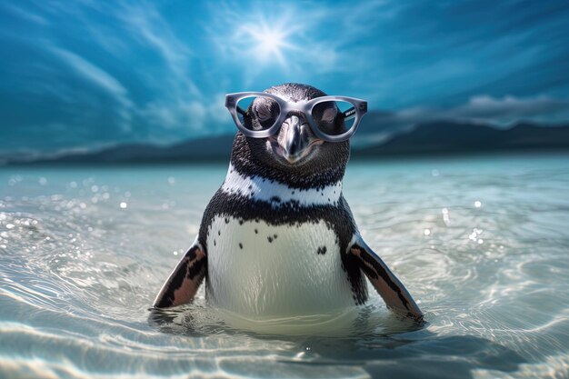 un pingüino con gafas de sol flotando en el agua con el sol brillando a través de las nubes.