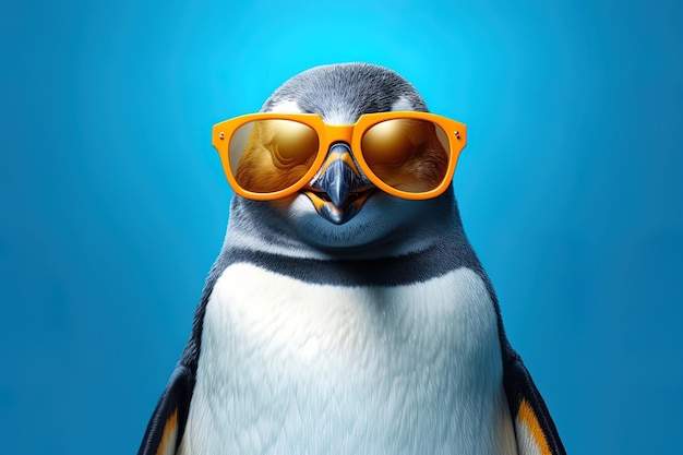 un pingüino con gafas de sol naranjas y un fondo azul