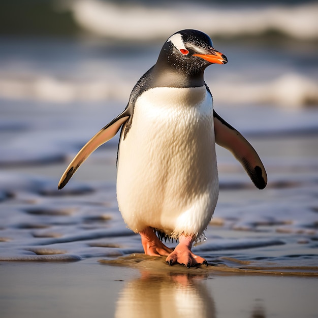 Pingüino Gentoo caminando por la playa de Berthas en las Islas Malvinas