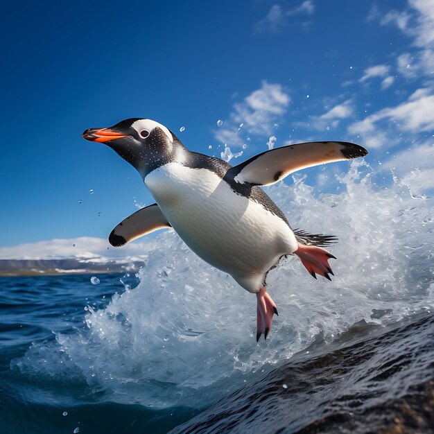 El pingüino Gentoo salta del agua azul después de nadar a través del océano Escena de vida silvestre de acción