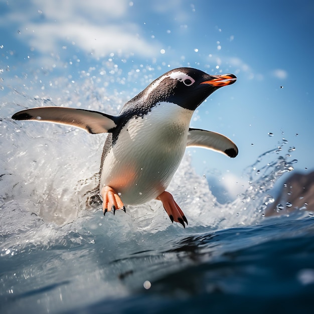 El pingüino Gentoo salta del agua azul después de nadar a través del océano Escena de vida silvestre de acción