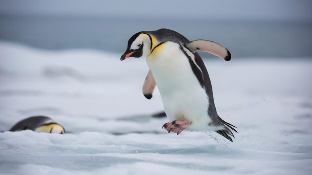 Foto el pingüino gentoo salta desde el hielo