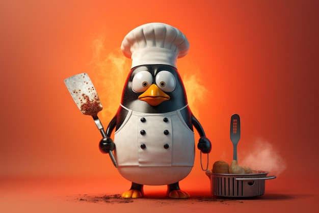 Un pingüino gracioso con un sombrero de chef y una espátula en la mano está cocinando Generative Ai