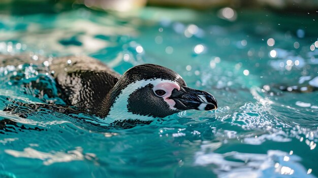 Foto el pingüino de humboldt está nadando en la piscina los pingüinos divertidos en el zoológico generativo ai