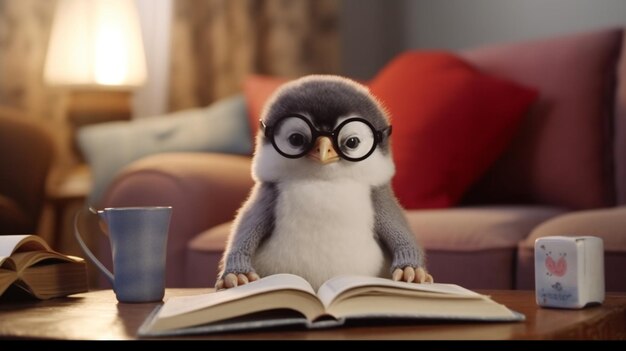 Pingüino leyendo un libro en una sala de estar IA generativa