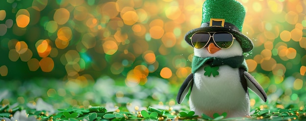 Un pingüino lindo con un sombrero y gafas de sol para el día de San Patricio.