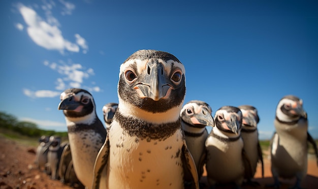 El pingüino de Magallanes llega a tierra en un día soleado con el cielo azul de las islas Falkland copia de vida silvestre costera