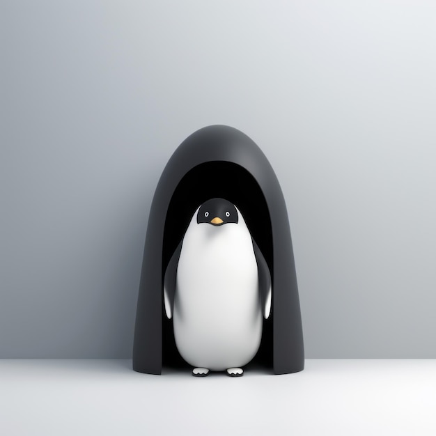 Pingüino minimalista Un juguetón personaje 3D en un recinto de cartón gris