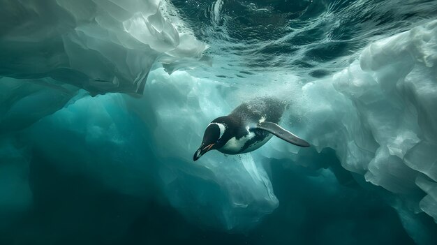 un pingüino nada a través de una cueva de hielo