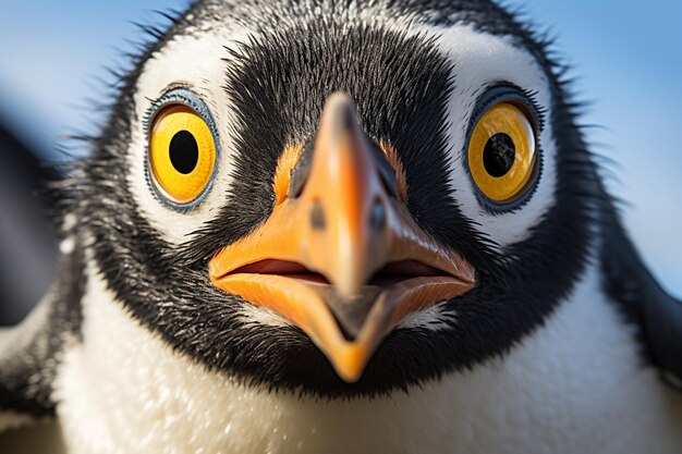 un pingüino con ojos amarillos y un pico negro