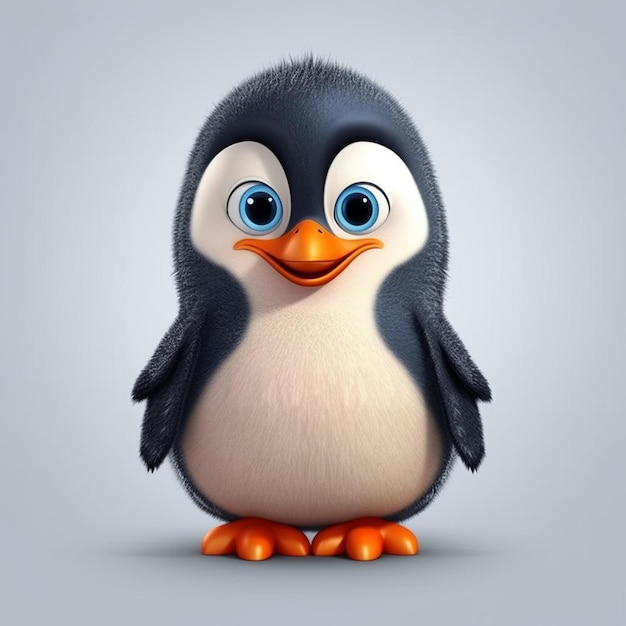 Un pingüino con ojos azules y vientre blanco está parado sobre un fondo gris.