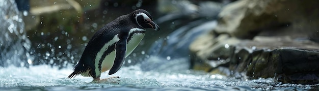 Pingüino en una orilla helada con la luz del sol reflejándose en el océano Concepto de vida silvestre y conservación