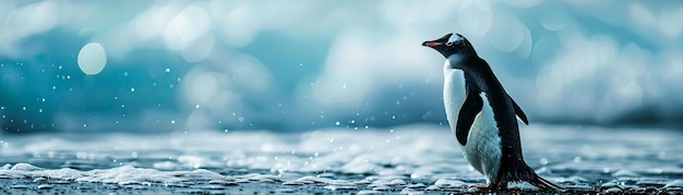 Pingüino en una orilla helada con la luz del sol reflejándose en el océano Concepto de vida silvestre y conservación