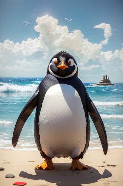 un pingüino parado en una playa con un barco al fondo