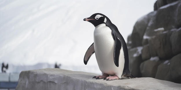 Un pingüino en una pared con nieve al fondo.