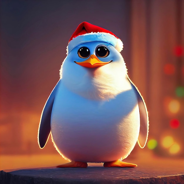 Pingüino personaje navideño en escenario navideño pingüino con sombrero rojo
