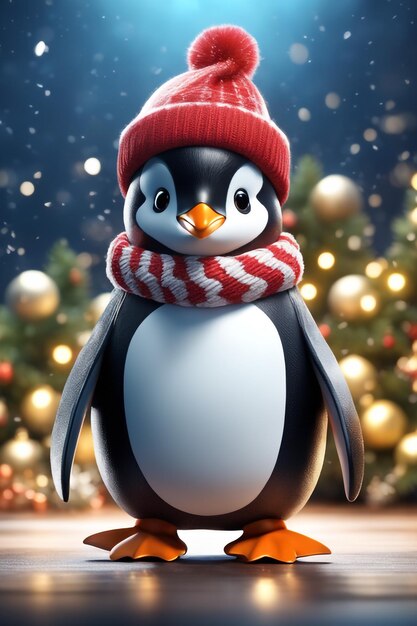 Foto pingüino personaje navideño pingüino lindo en paisaje navideño fondo de pingüino en modo oscuro