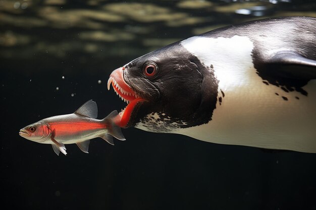 Foto un pingüino con un pez en la boca