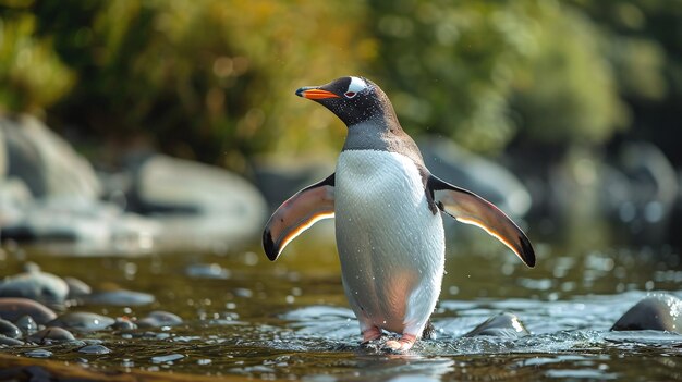 Foto un pingüino con un pico amarillo y un pico negro está de pie en el agua