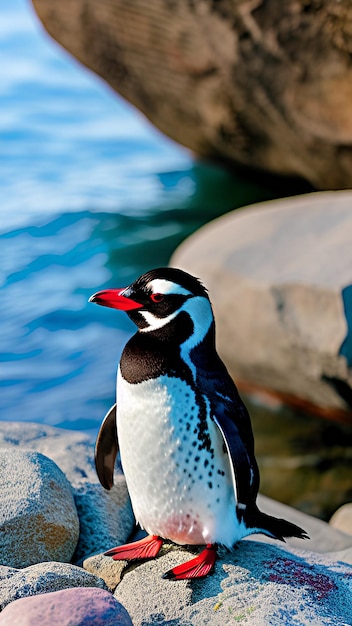 Un pingüino con pico rojo y cara blanca.