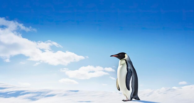 Pingüino de pie en la Antártida mirando hacia el cielo azul