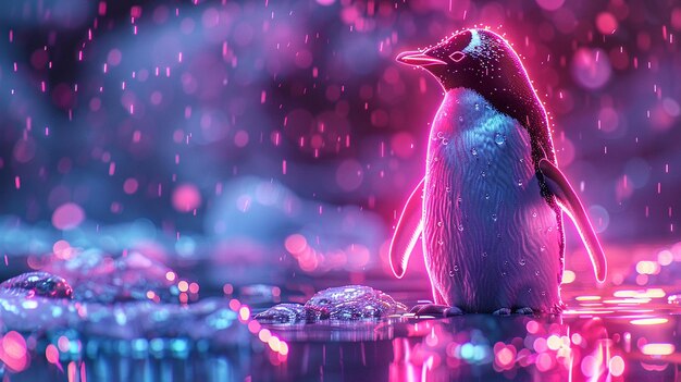 Un pingüino de pie en la lluvia El pingüino está brillando de rosa y azul El fondo es azul oscuro