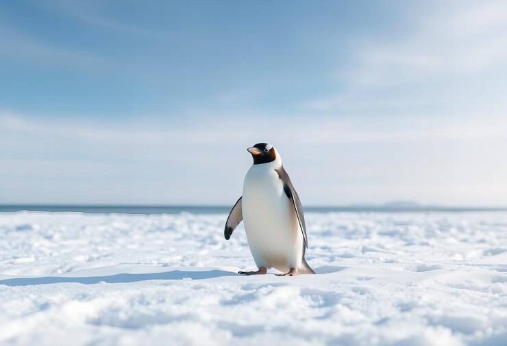 un pingüino de pie en la nieve con el océano en el fondo