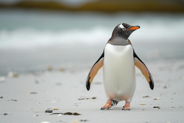 un pingüino de pie en una playa junto al océano