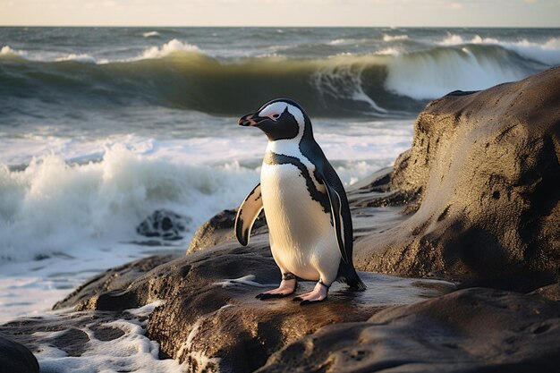 Foto un pingüino está de pie en una roca junto al océano
