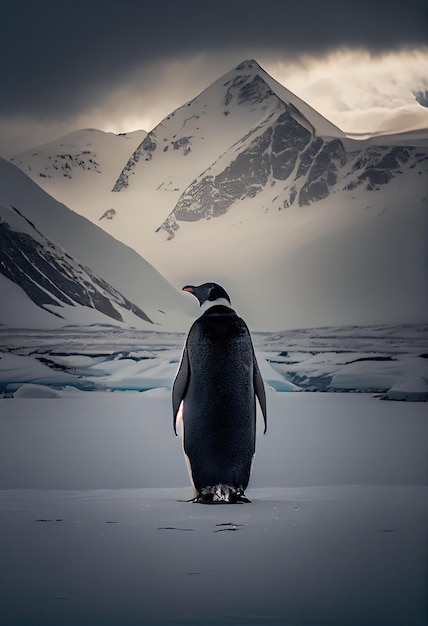 Pingüino de pie solo en la nieve con una majestuosa cordillera en el fondo ai generativo