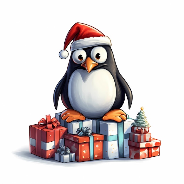 Un pingüino con una pila de regalos de Navidad