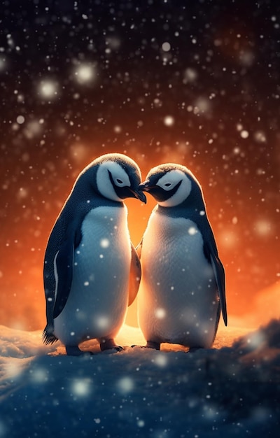 Un pingüino y un pingüino se besan en la nieve.