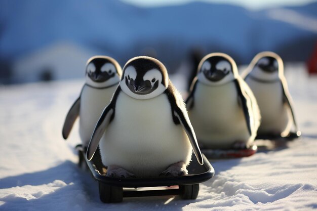 Foto un pingüino con un pingüino en la espalda está de pie en una superficie cubierta de nieve