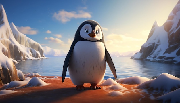 pingüino pixar junto al mar ártico