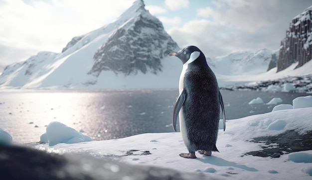 Un pingüino se para en una repisa frente a una montaña nevada.
