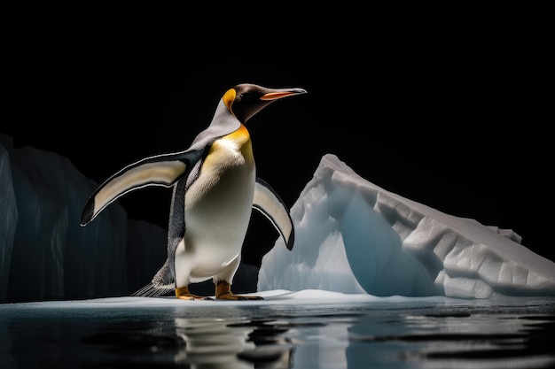 Pingüino rey en una placa de hielo flotando en el océano con fondo negro Pingüino Rey en un iceberg apuntando su ala de aleta hacia el espacio vacío Generado por IA