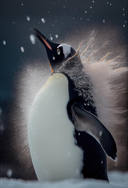 Pingüino sacudiéndose la nieve de sus plumas ai generativo