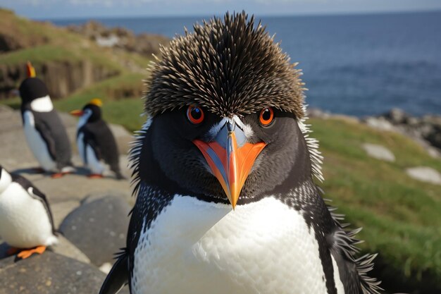 Foto el pingüino salta rocas mira directamente a la cámara cr2