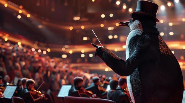 Foto un pingüino con sombrero alto y cola dirige una orquesta sinfónica el pingüino está de pie en un podio y la orquesta está sentada frente a él