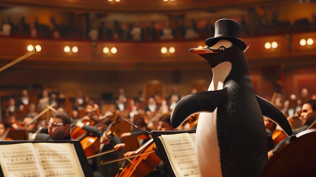 Un pingüino con un sombrero de copa y un bastón en la mano se encuentra frente a una orquesta