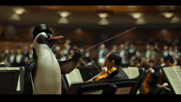 Foto un pingüino con un sombrero de copa y sosteniendo un bastón de director de orquesta está de pie en un escenario frente a una orquesta